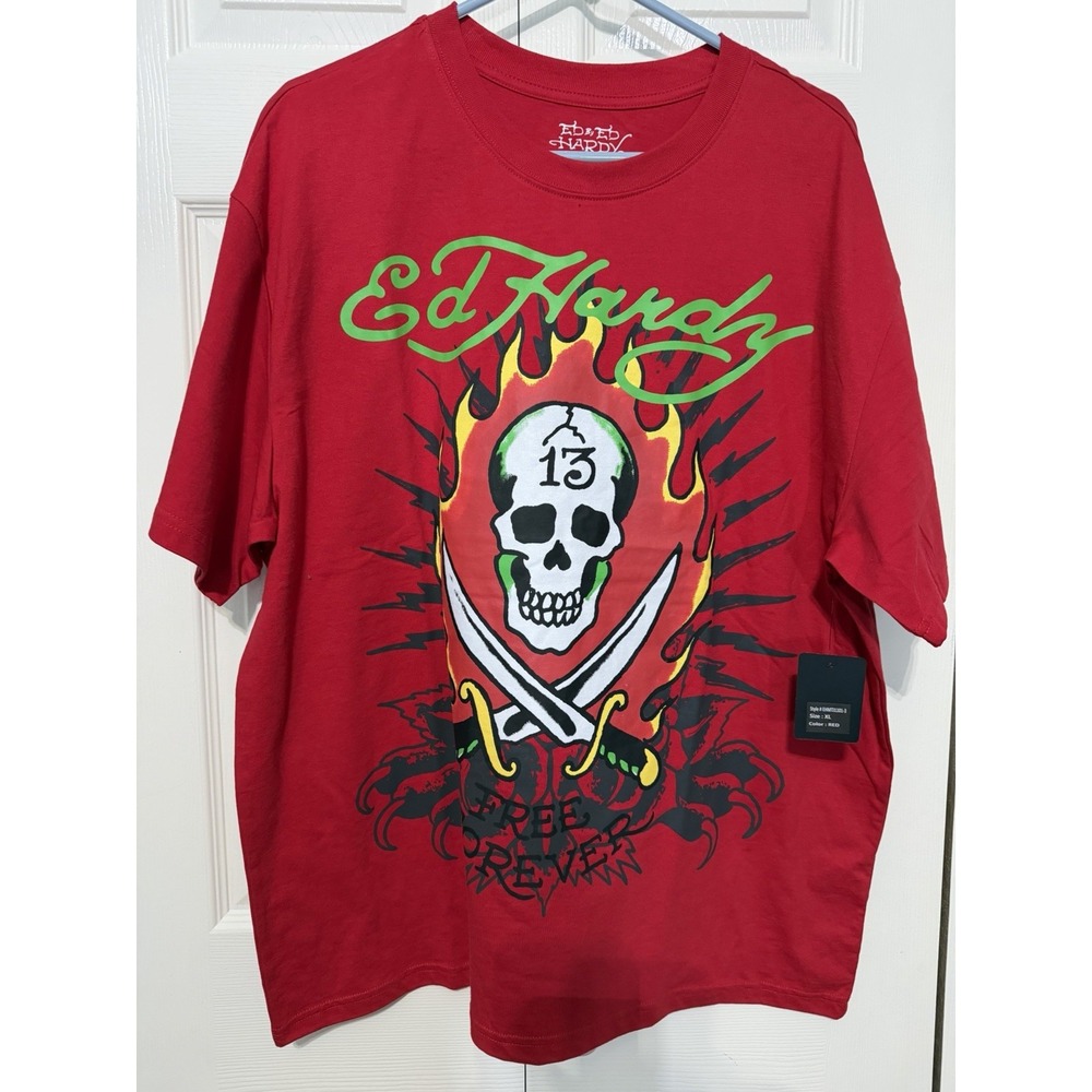 Ed Hardy Men's Y2K Red Skull Tshirt Size XL NWT‎